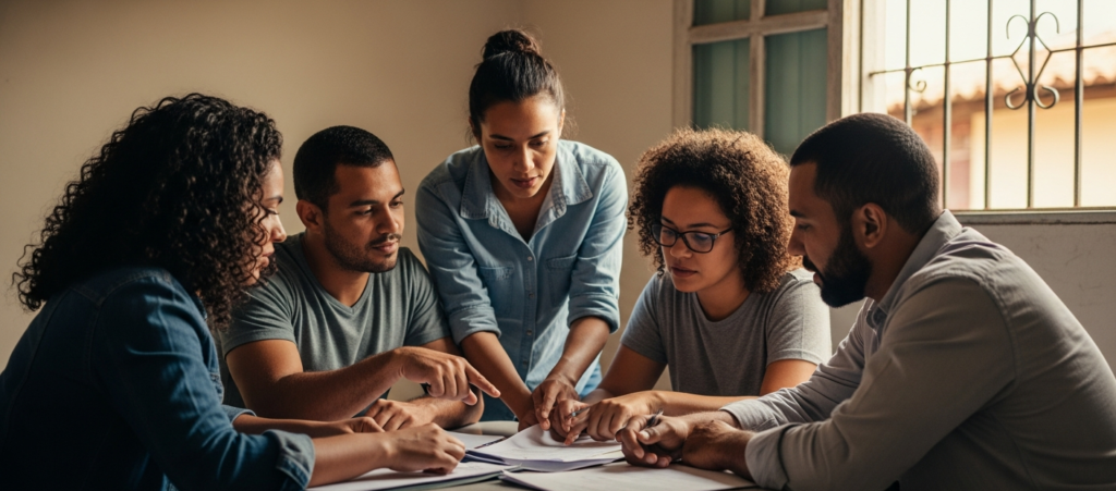 Grupo de empreendedores brasileiros reunidos analisando documentos em reunião de crédito solidário