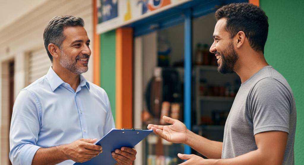 Agente de crédito conversando com empreendedor brasileiro na frente de pequeno comércio