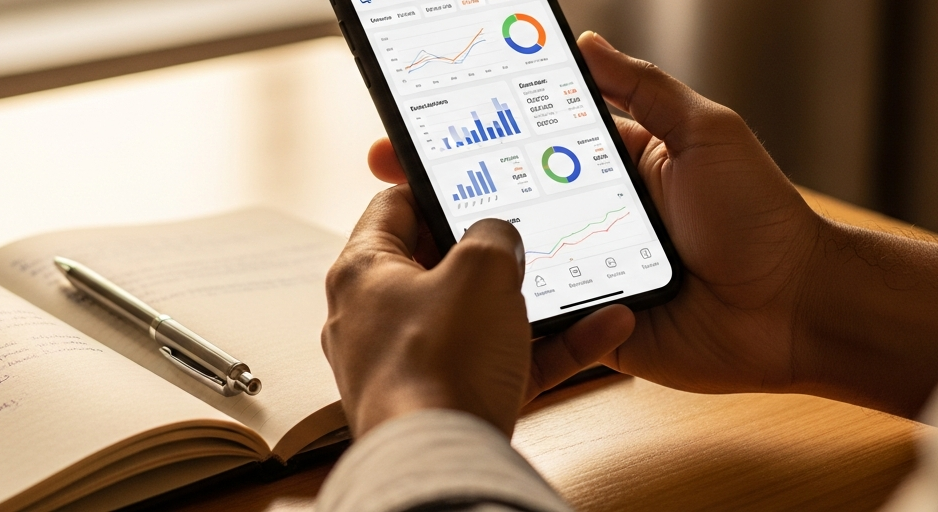 Mãos segurando celular com app financeiro e caderno com anotações — mapeando dívidas no CPF antes de ir ao banco