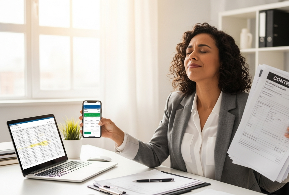 Empresária brasileira segurando contratos e recebíveis com expressão de alívio financeiro em escritório