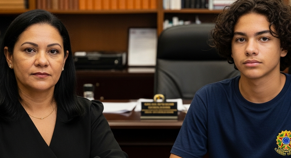 Mãe e filho adolescente brasileiro em cartório para processo de emancipação voluntária com documentos sobre a mesa