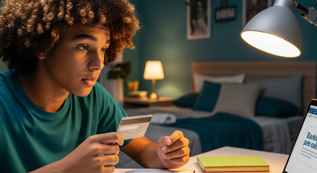 Jovem brasileiro estudando educação financeira com cartão de crédito e notebook de internet banking no quarto