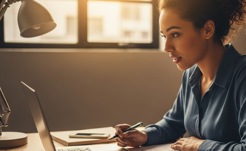 Empresária brasileira analisando cálculo de alavancagem financeira em notebook, representando crédito para crescimento do negócio