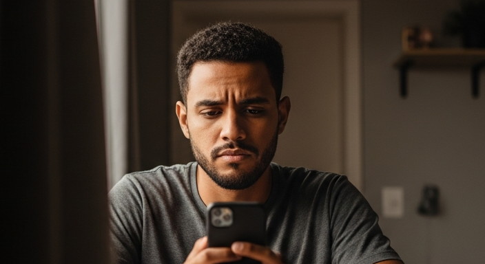 Jovem brasileiro frustrado olhando celular — limite do Nubank não aumenta mesmo com pagamentos em dia