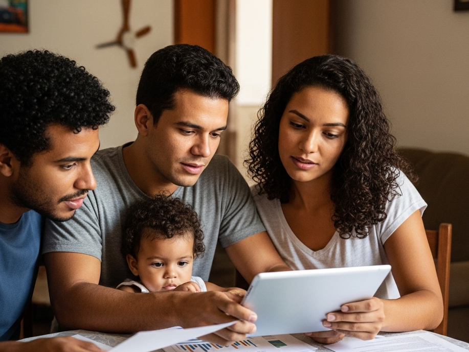 Família brasileira analisando documentos de financiamento imobiliário na sala de casa — renda familiar Faixa 4 MCMV
