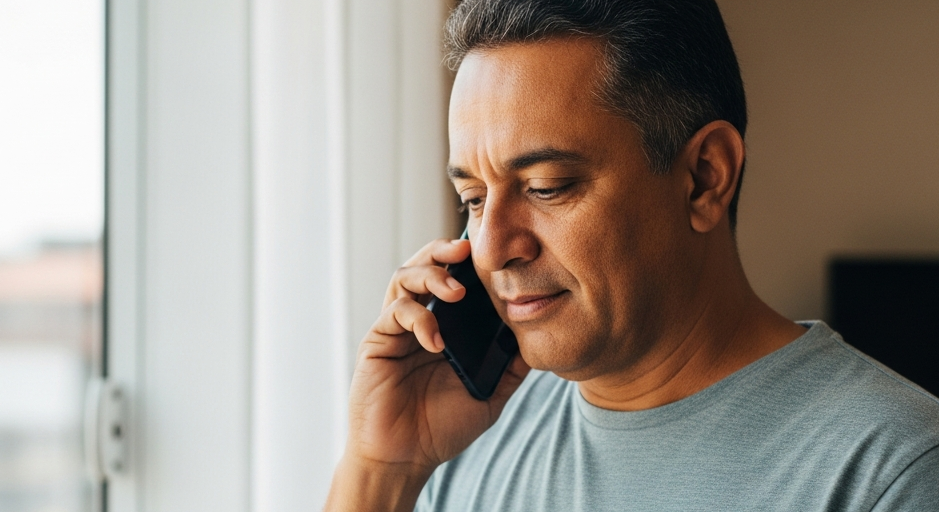 Homem brasileiro ao telefone consultando administradora sobre média histórica de lances do consórcio