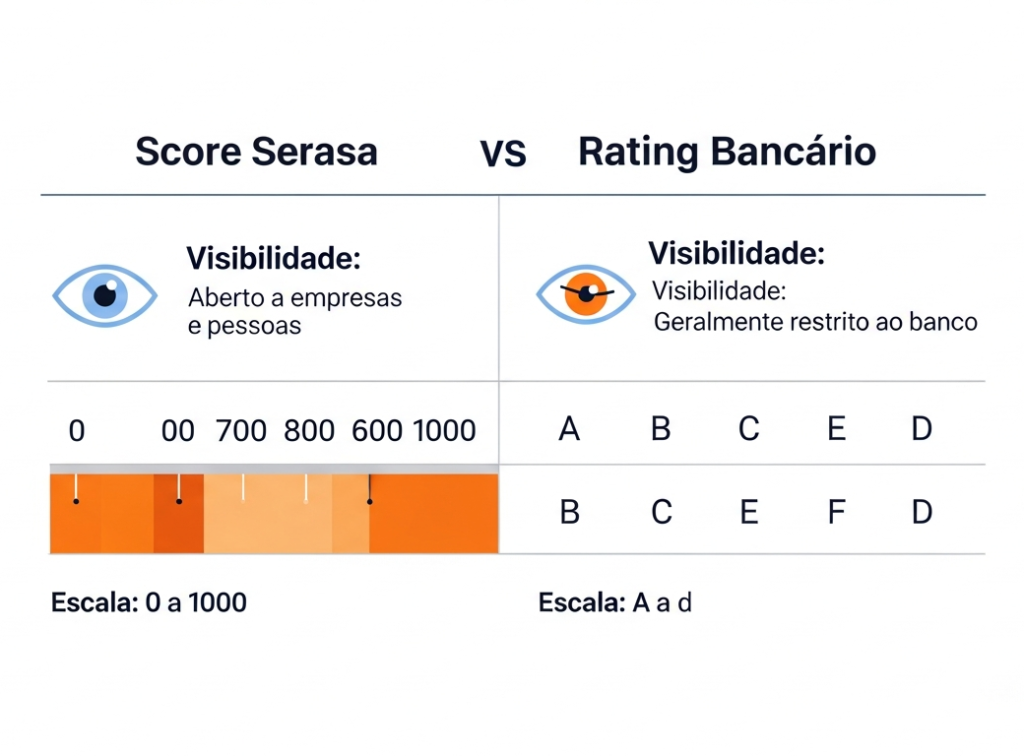 Infográfico comparativo entre Score Serasa e Rating Bancário mostrando diferenças de escala, visibilidade e impacto no crédito