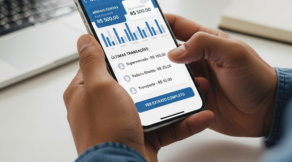 Empreendedor brasileiro atualizando cadastro no aplicativo bancário para melhorar rating de crédito empresarial