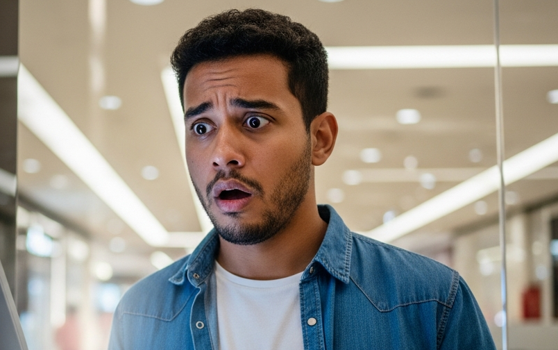 Homem brasileiro surpreso com cartão recusado no terminal após queda de limite bancário