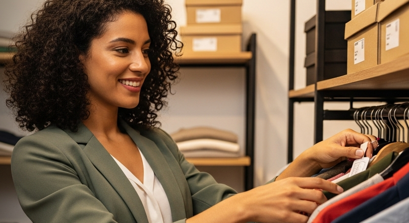 Empresária brasileira confere novo estoque em loja de roupas financiado com crédito do Pronampe