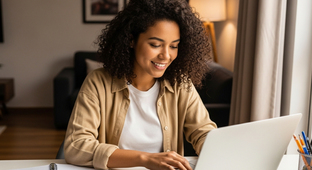 Mulher brasileira gerenciando finanças no notebook em casa — como melhorar rating bancário e destravar crédito