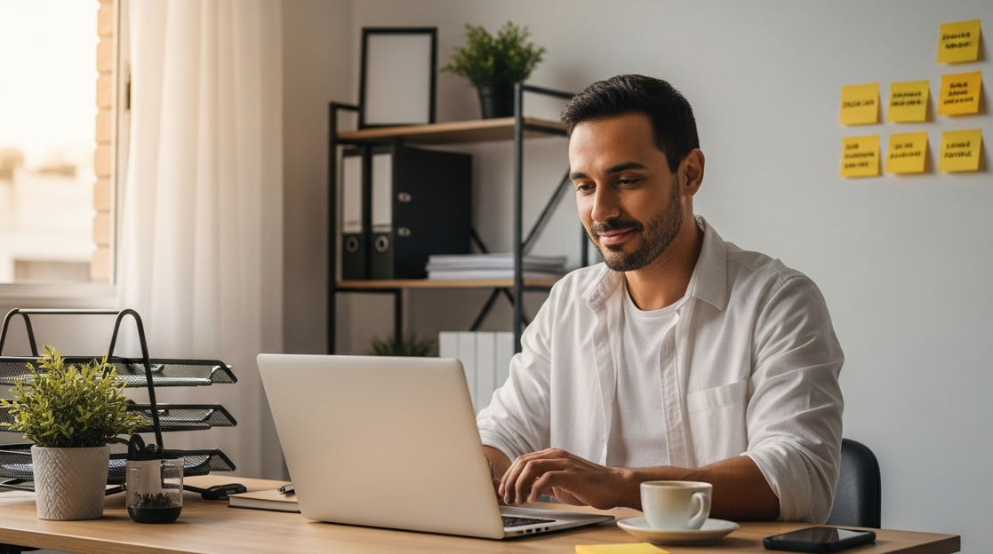 Pequeno empresário brasileiro analisa histórico de crédito PJ no laptop em escritório organizado