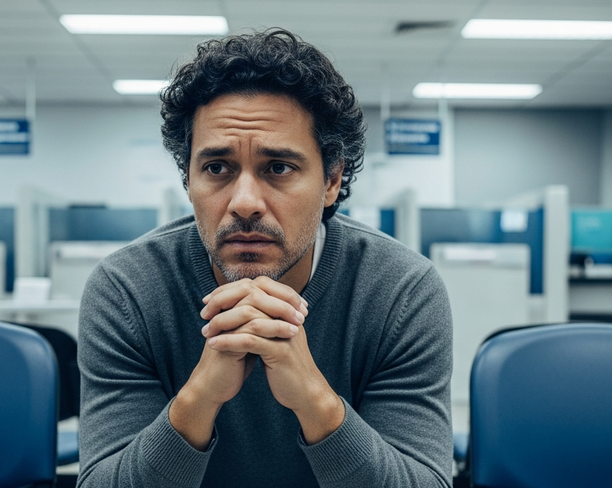 Pequeno empresário ansioso na sala de espera do banco antes de pedir empréstimo