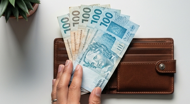 Carteira com cédulas de real ao lado de smartphone com app bancário, mostrando equivalência entre real físico e DREX digital