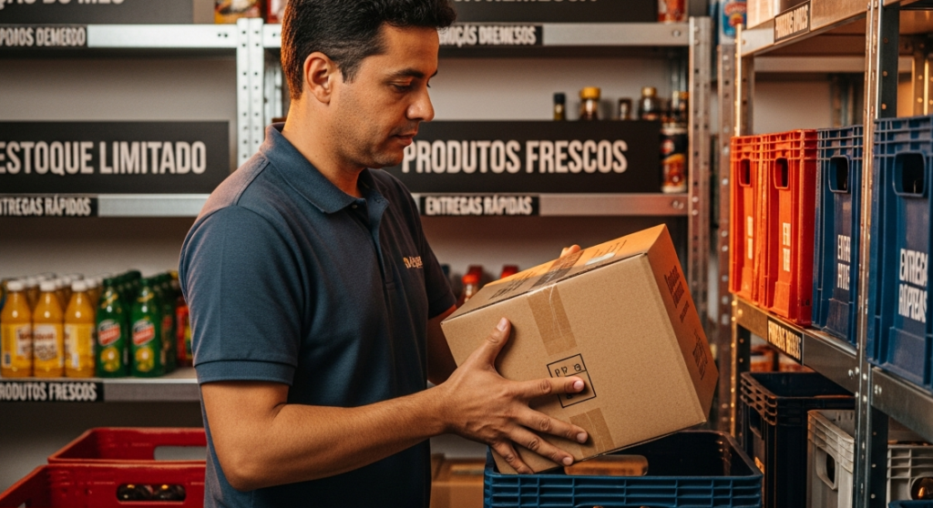 Dono de distribuidora brasileira organizando estoque comprado com capital de giro para MEI