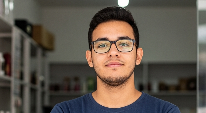 Empreendedor brasileiro jovem de braços cruzados em frente à sua pequena loja, representando uso de empréstimo para abrir empresa