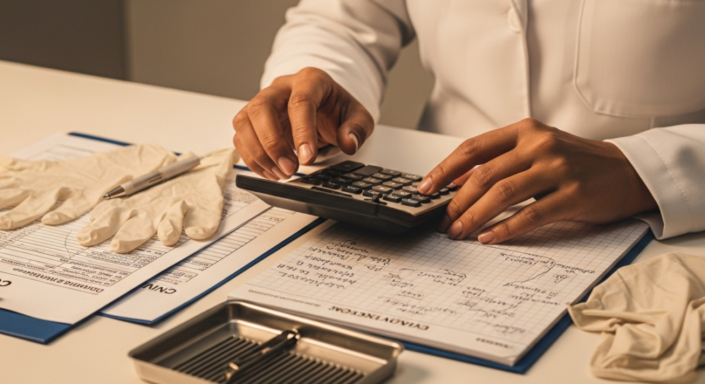 Dentista brasileiro calcula custos reais de procedimentos com calculadora e fichas clínicas sobre mesa