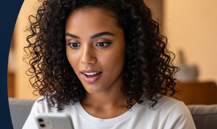 Mulher brasileira recebendo notificação de alerta no celular sobre possível fraude no cartão de crédito